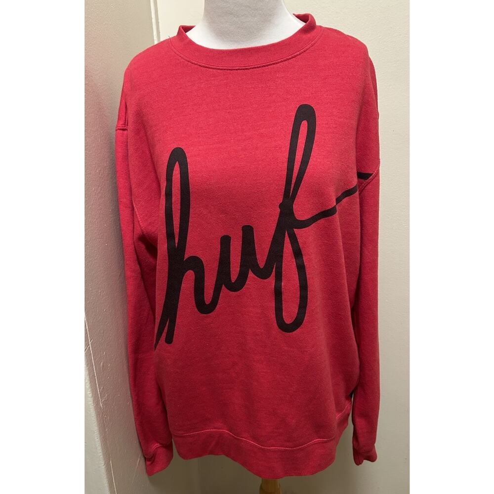 HUF WORLDWIDE Demi Script Logo Crewneck Long Sleeve Sweater Made in USA-Large